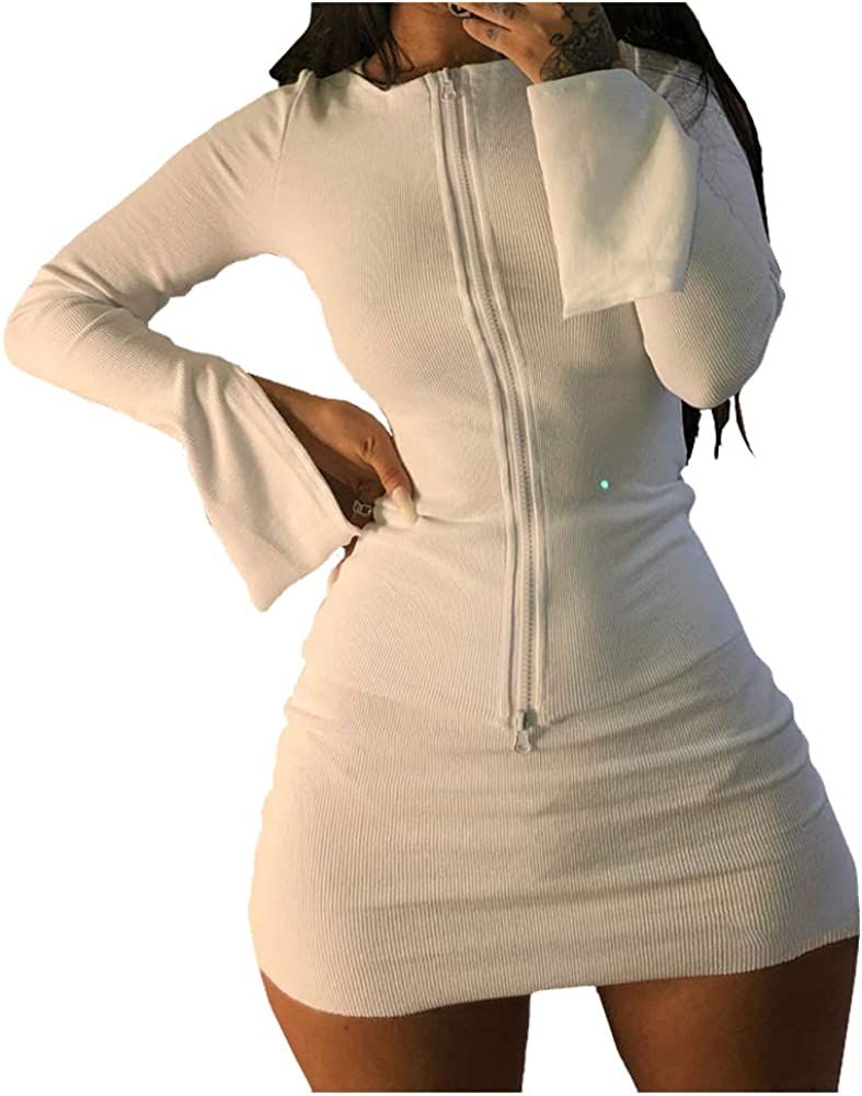 XLLAIS Women Long Sleeve Zipper Cardigan Crop Tops and Skirt Sets Sexy Mini Bodycon Dress | Amazon (US)