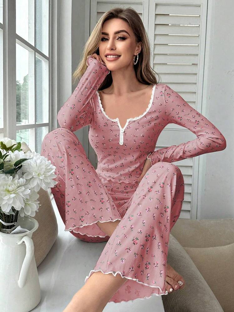 CottageSlumber Ladies' Ditsy Floral Contrast Lace Long Sleeved Top And Pants Sleepwear Pajama Set, Fall Winter Clothes | SHEIN