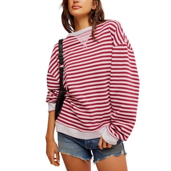 Women's Free People Classic Striped Oversized Crew Neck Sweatshirt Large Raspberry | Scheels