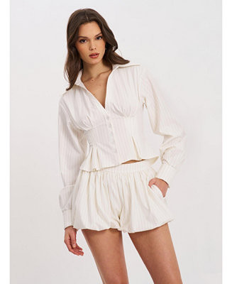 Women Sylvia White Pinstripe Deep V Pleated Shirt | Macy's