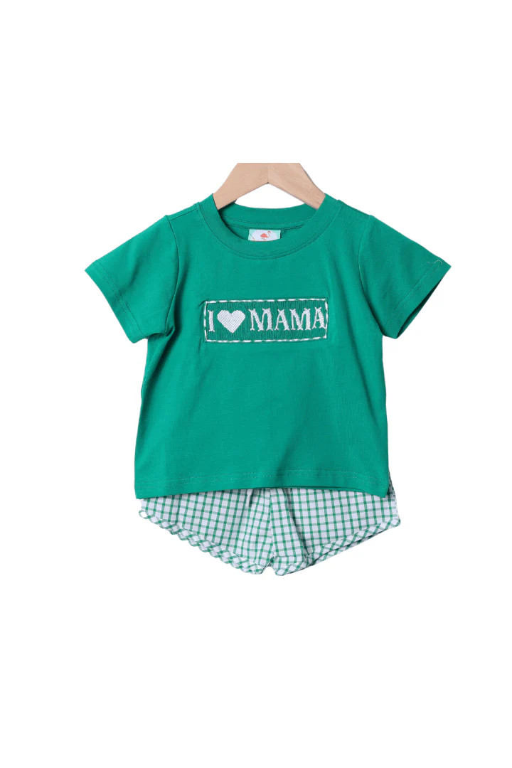 Smocked I Love Mama Green Windowpane Short Set | The Smocked Flamingo