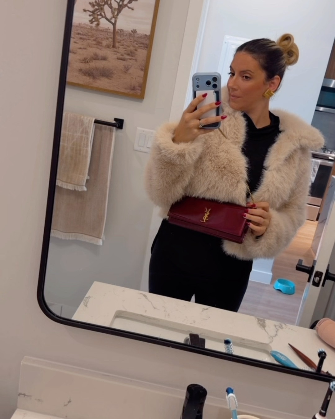 Last day of the year look NYE 

With my new YSL bag red Burgundy limited edition, Kate clutch designer handbag 👜, furry faux coat beige 🧥 , pulled back bun ♥️ taking myself out on a date 🪩🥂🖤✨ all black under turtleneck — knee high black leather boots — chic winter and fall look — outfit. Snow chic outfit  

#ysl #saintlaurent #red #coat #jacket #fauxcoat #faux #chic #elegant #allblack #black #Burgundy #revolve #Kennethcole 

#LTKGiftGuide #LTKSeasonal