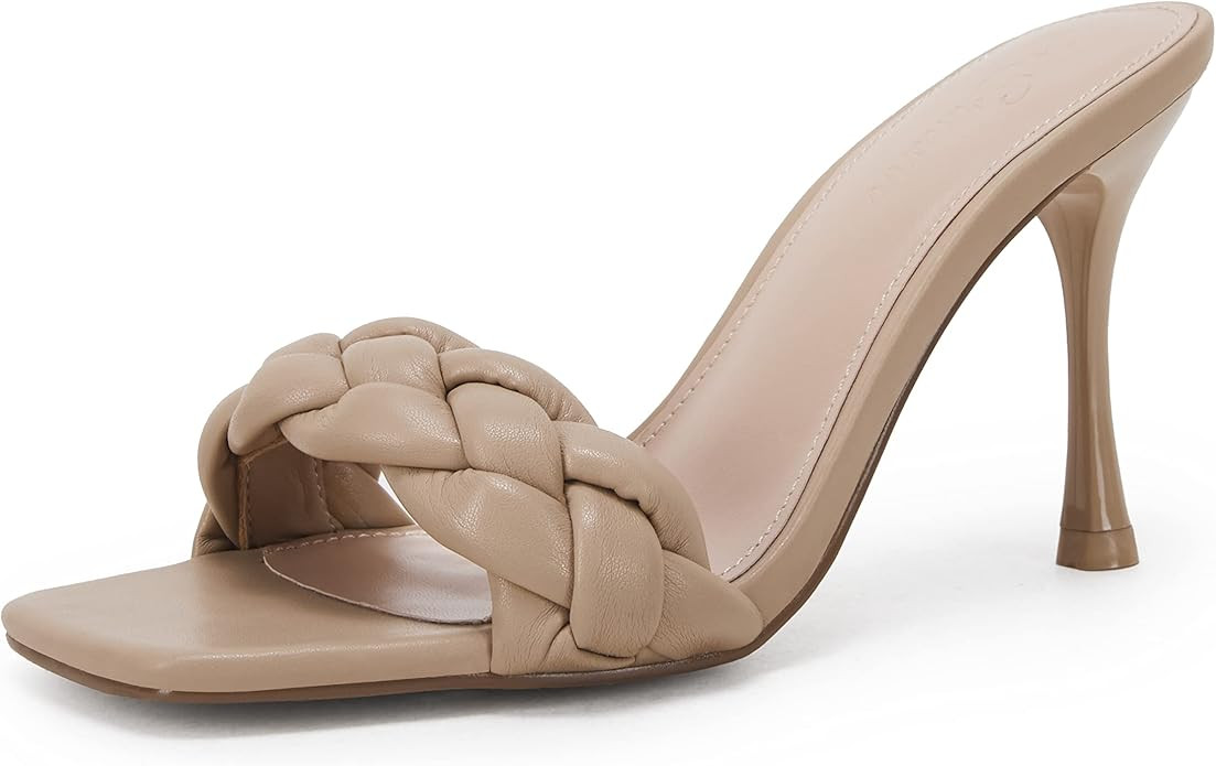 Ermonn Womens Square Open Toe Heeled Sandals Braided Stiletto Mule Faux Leather Slip On Quilted H... | Amazon (US)