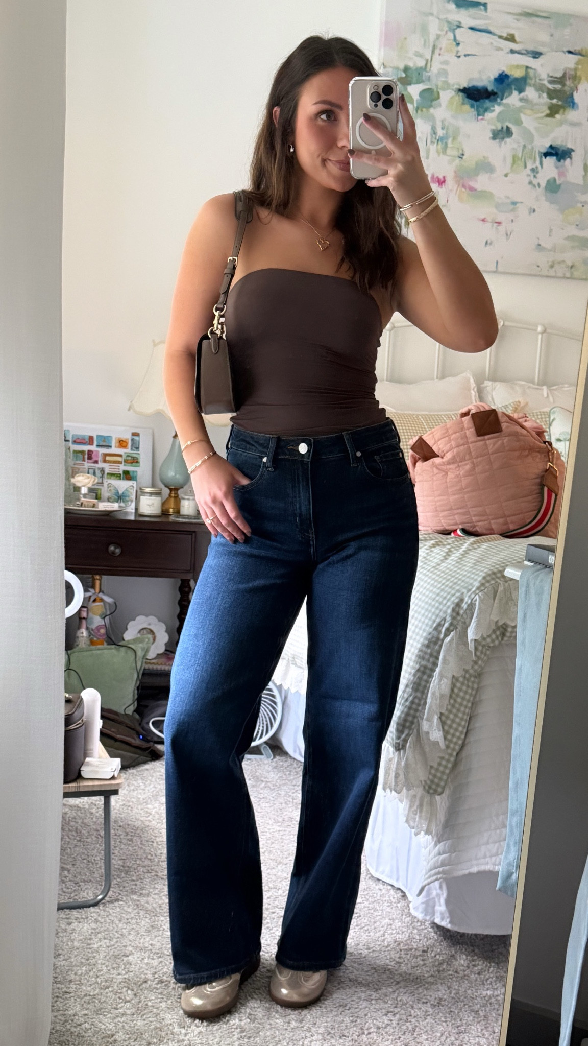 Loving this fall transition outfit!!! Wearing a 27 and 30 in inseam in the jeans, seriously the most comfortable jeans ever!!!! 
Wearing a small in the top! Has the clear lining around the top so it doesn’t fall down at all

#LTKItBag #LTKFindsUnder50 #LTKStyleTip