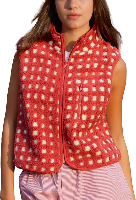 Womens Checkered Sherpa Vest Sleeveless Winter Fleece Jacket High Neck Zip Up Plaid Gilet with Ch... | Amazon (US)
