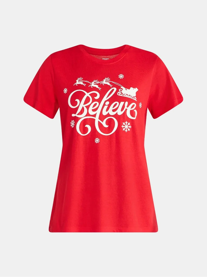 Christmas Women's Believe Sleigh Graphic Tee from Holiday Time, Sizes S-XXXL - Walmart.com | Walmart (US)
