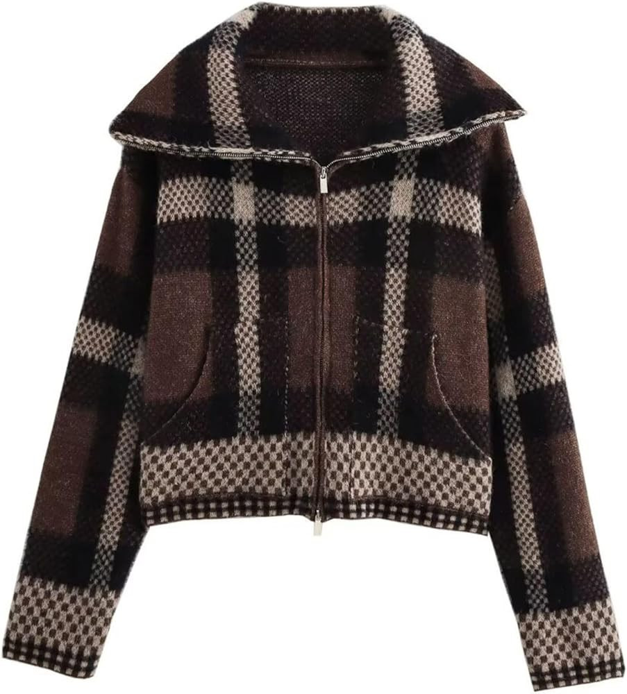 Chevara Women’s Checkered Cardigan Sweater Vintage Lapel Collar Long Sleeve Zip Up Knit Sweatsh... | Amazon (US)