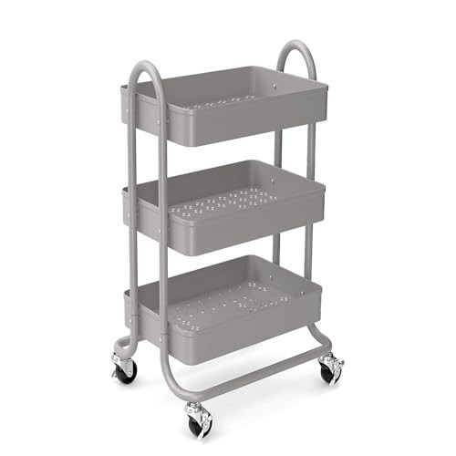 KoolerThings 3-Tier Rolling Metal Storage Organizer - Mobile Utility Rolling Storage Cart, Kitchen Cart with Caster Wheels (Grey) | Amazon (US)