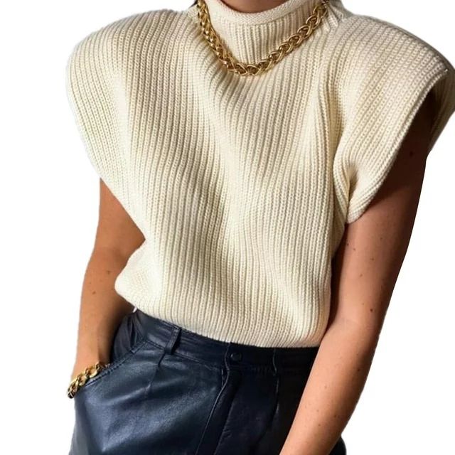 Women Sleeveless Turtleneck Knitted Jumper Sweater Vest Shoulder Pads Ribbed Pullover Sweater | Walmart (US)