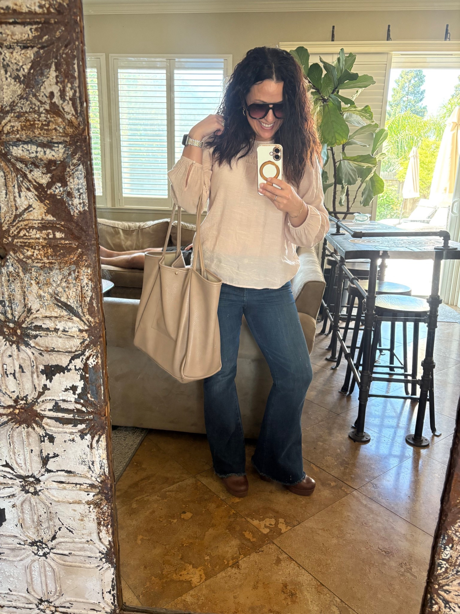 Super windy Monday! Easy outfit of flare jeans, flowy blouse and clogs. 
Teacher outfit 
Spring fashion


#LTKOver40 #LTKStyleTip #LTKPetite