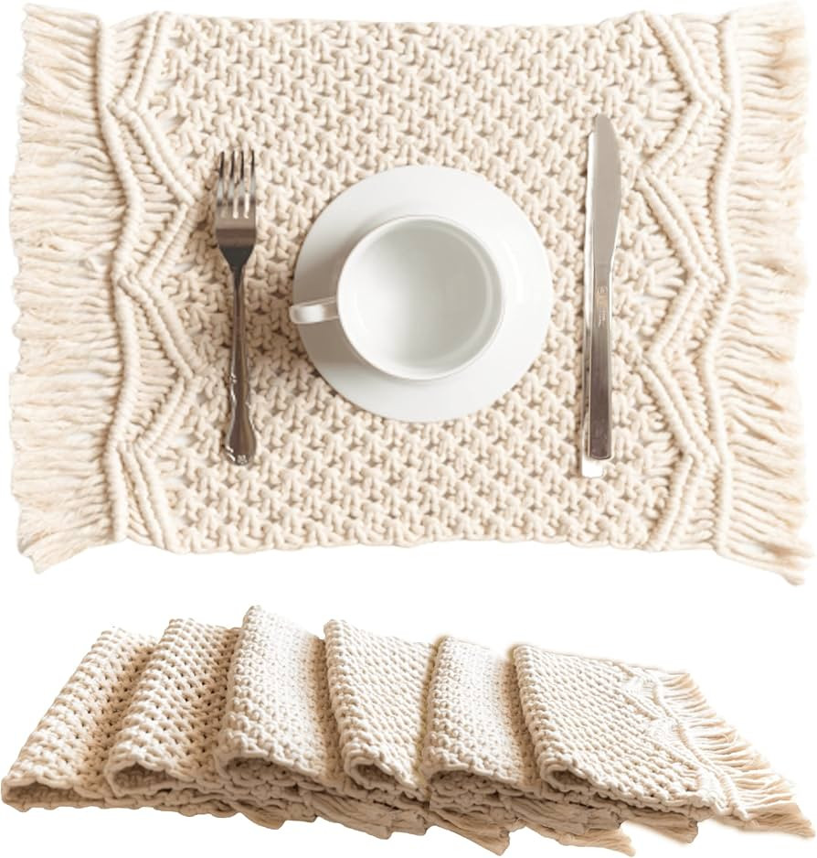 SnugLife Macrame Placemats Set of 6 - Handmade Cotton Woven Boho Placemats - Modern Farmhouse Fri... | Amazon (US)