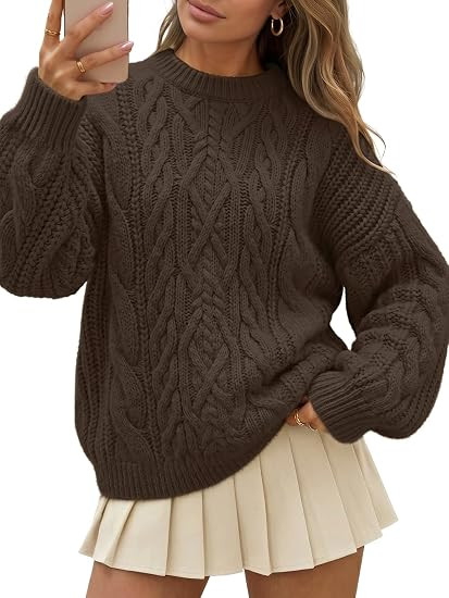 Trendy Queen Women Fall Oversized Cable Knit Chunky Sweater Long Sleeve Top | 2026 Cozy Crewneck ... | Amazon (US)