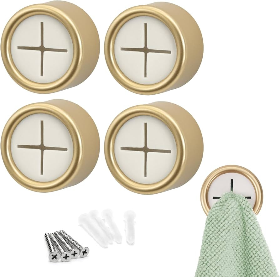 S&T INC. Round Adhesive Push Towel Hooks for Kitchen, Hand and Dish Towels, Brushed Gold, 4 Pack | Amazon (US)