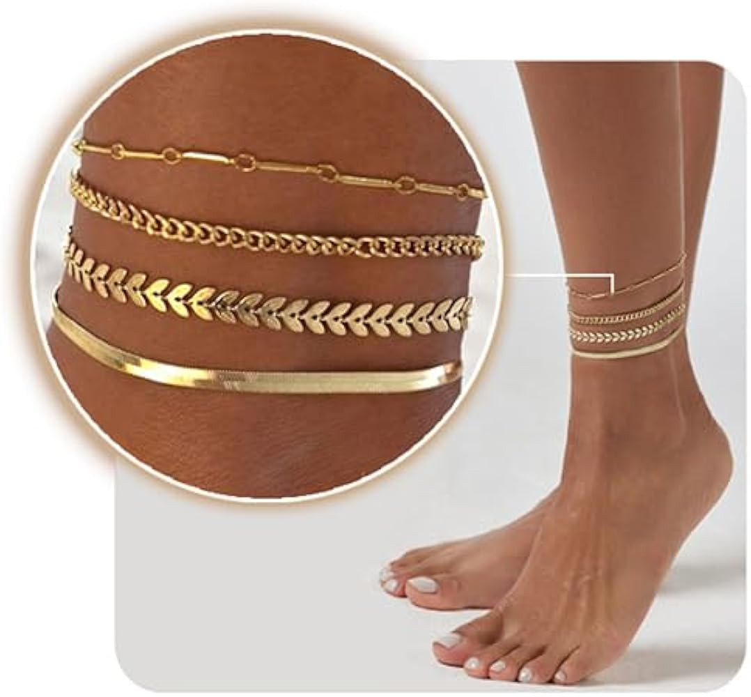 Waterproof Gold Anklets for Women, Dainty 18K Gold Plated Anklets Layered Cuban Link Chain Herrin... | Amazon (US)