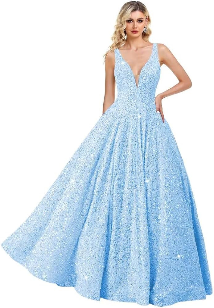 Rjer V Neck Sequin Prom Dress Long Sparkly Ball Gowns for Women Formal A Line Evening Party Gowns | Amazon (US)