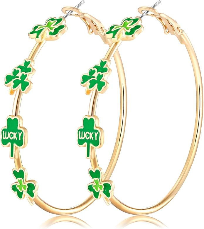 Holiday Hoop Earrings for Women Girl Glitter Festive Enamel Green Shamrock Charm Hoops for Mardi ... | Amazon (US)