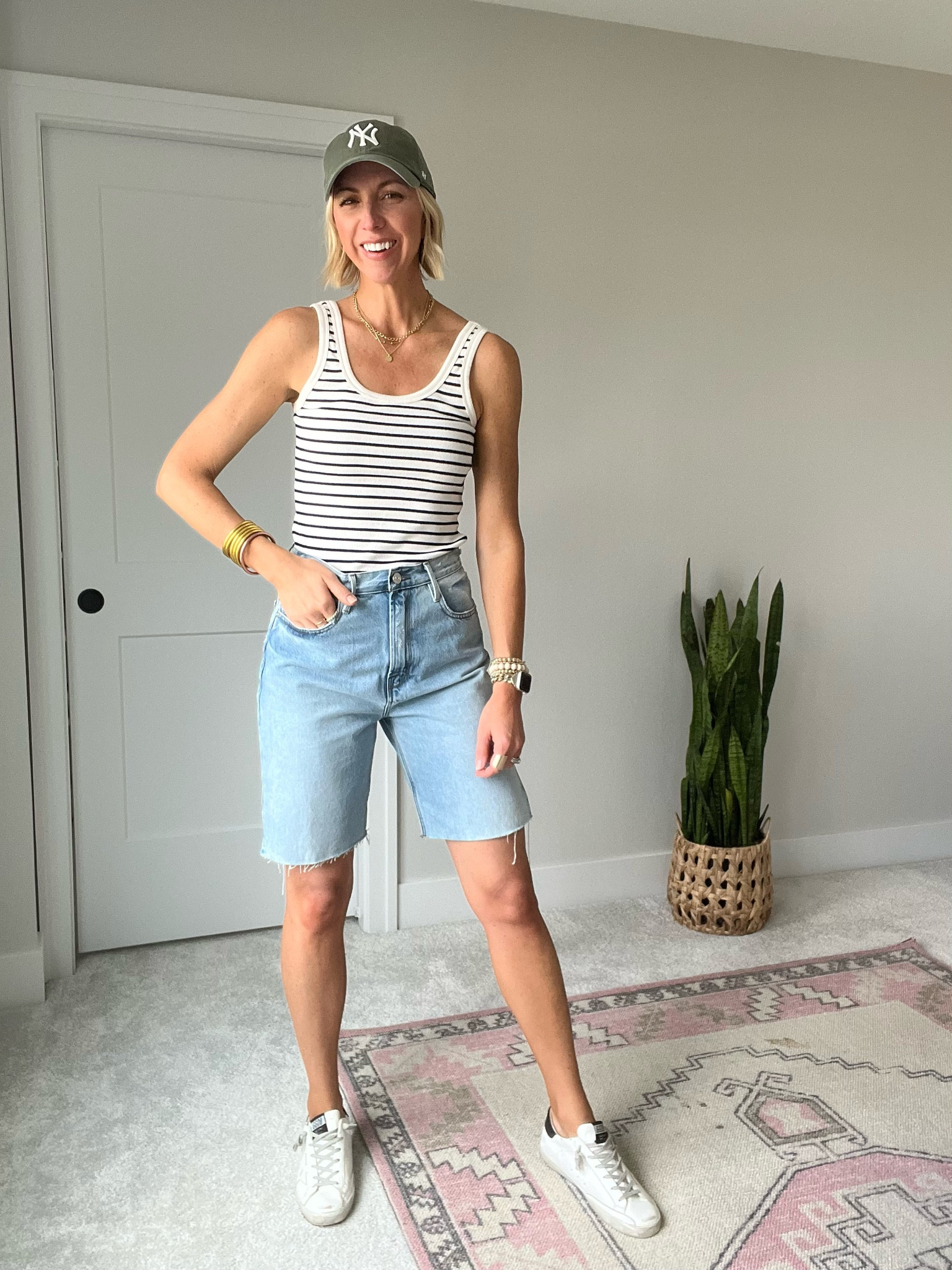 Bermuda denim shorts outfit w/ ribbed stripe tank, sneakers & baseball cap 
Sized down 2 sizes in these shorts since they run very generously!
5’10” for height reference 

#LTKstyletip #LTKFind #LTKSeasonal