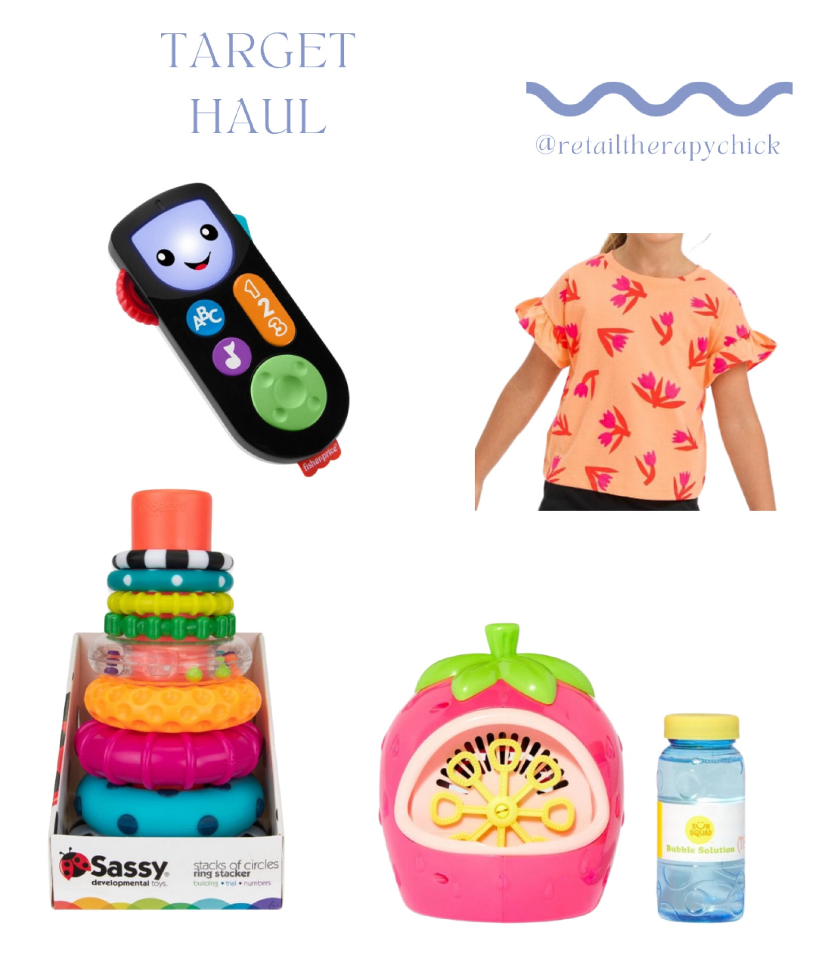 Cutest sick day haul from Target! 

Adorable singing remote control toy, stacking toy, bubble machine and the cutest top

#targethaul
#babygirlshirt
#bubblemachine
#stackingrings
#babyremote

#LTKFamily #LTKKids #LTKBaby