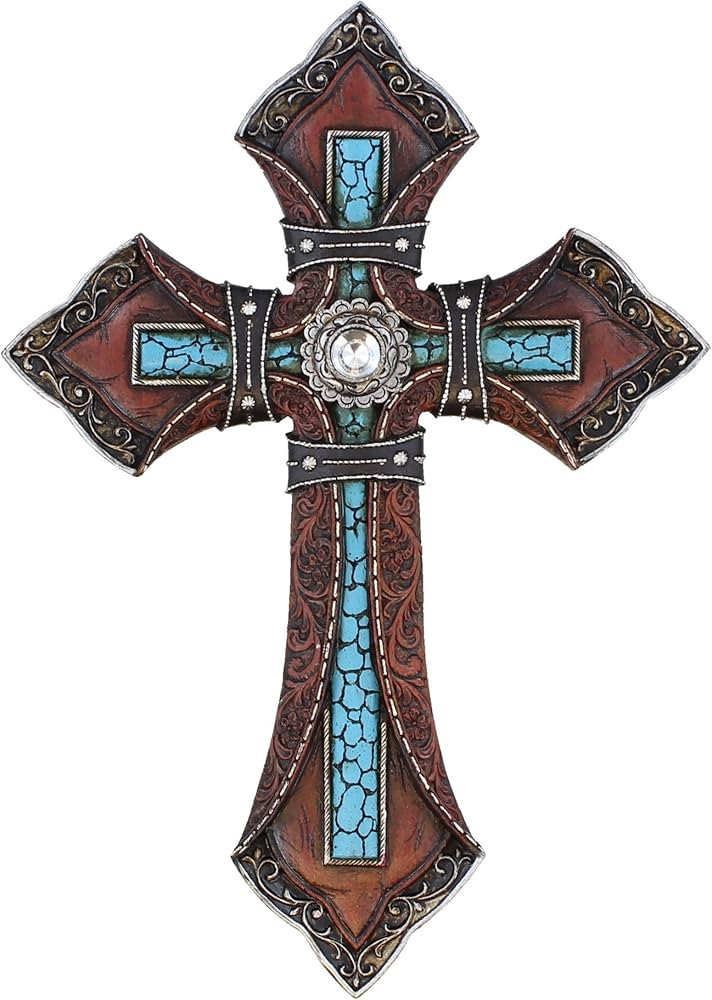 Tooled Leather Look Wall Cross - Faux Turquoise with Center Rhinestone | Amazon (US)