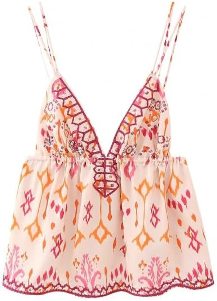 Women Coquette Spaghetti Strap Top Shirts Sexy V Neck Floral Print Summer Casual Tank Tops Beads ... | Amazon (US)