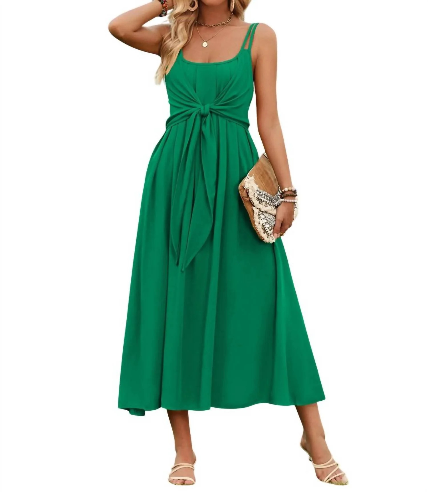 Chic Midi Dress In Green | Shop Simon