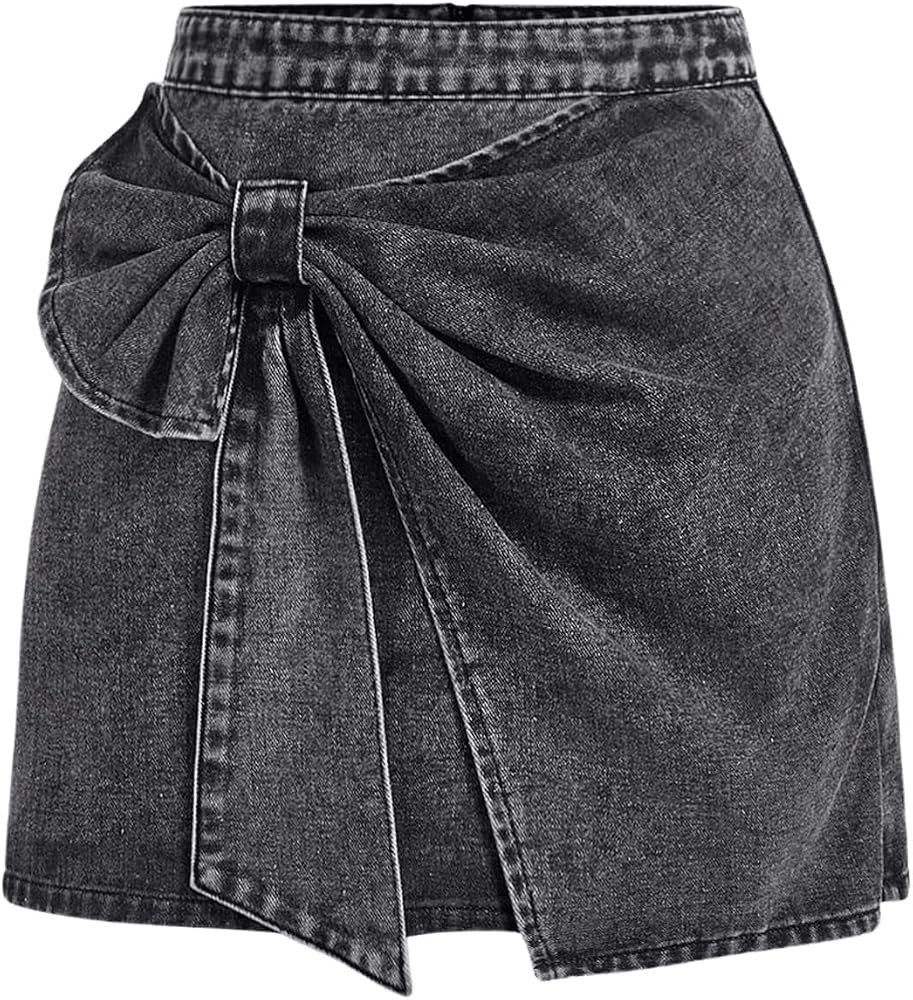 Floerns Women's High Waisted Big Bow Wrap Front Mini Bodycon Denim Skirts | Amazon (US)