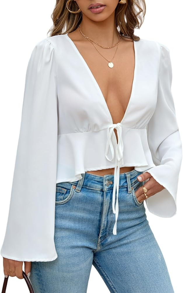 Going Out Tops for Women Sexy Tie Front Crop Shirt Deep V Neck Blouse Bell Sleeve Tops Long Sleev... | Amazon (US)