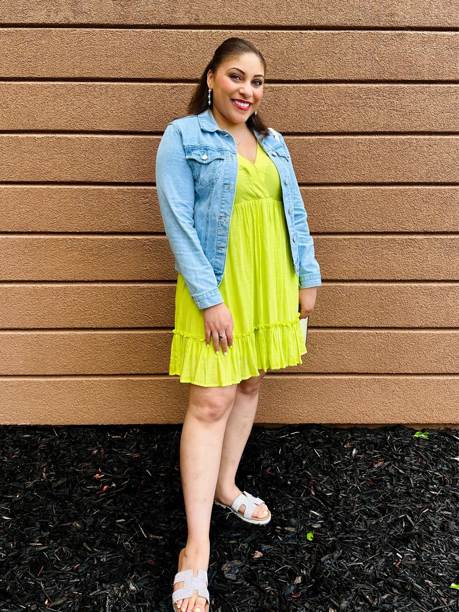 Denim jacket, green linen dress, and rhinestone sandals.

#LTKootd #LTKPetite #LTKU