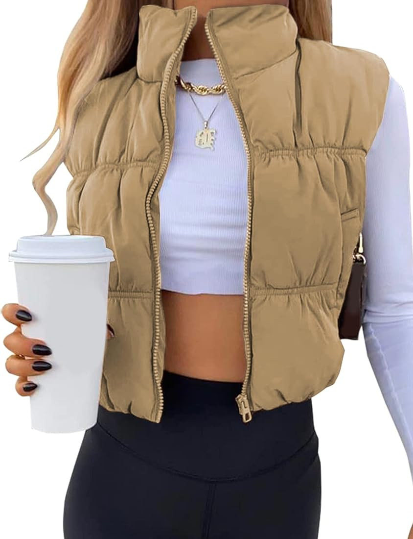 UANEO Womens Cropped Puffer Vest Zip Up Stand Collar Sleeveless Padded Cropped Vest | Amazon (US)