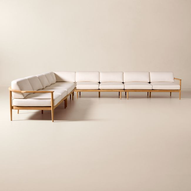 Tide 5-Piece L-Shaped Teak Outdoor Sectional Sofa with Ivory Sunbrella® Cushions | CB2