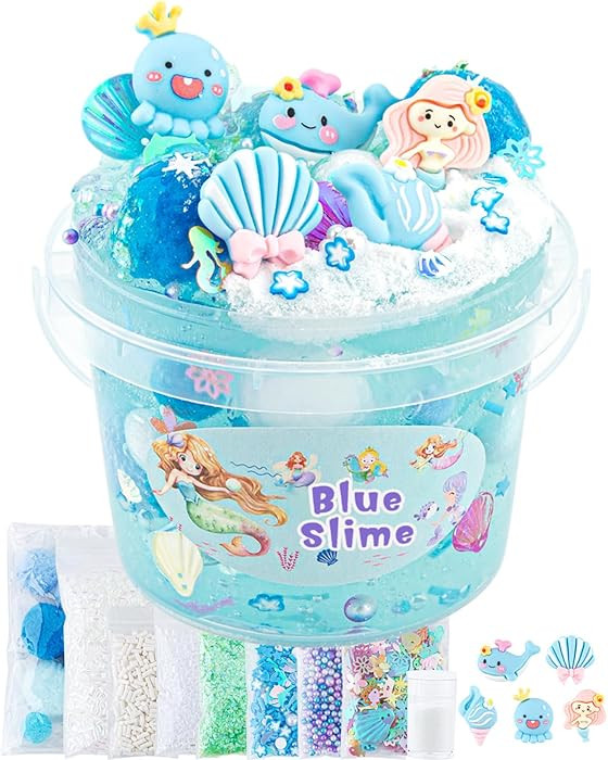 10 FL OZ Mermaid Clear Slime Kit, Blue Slime Bucket, Slimes Party Favors for Kids, Glimmer Crunch... | Amazon (US)