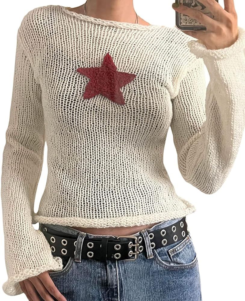 Women Star Graphic Print Crop Tops Y2k Aesthetic Long Sleeve Shirts Fairy Grunge E Girls Tees Shi... | Amazon (US)