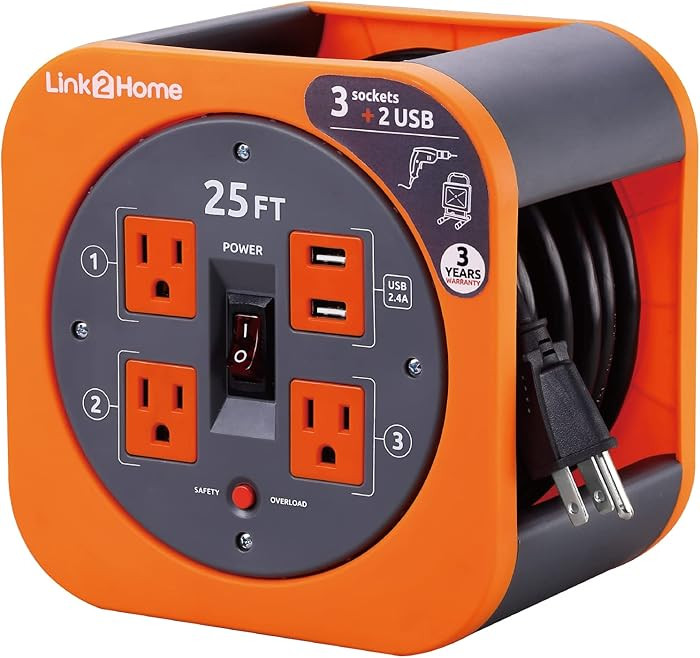Link2Home Cord Reel 25 ft. Extension Cord 4 Power Outlets, 2 USB Ports, 2.4A Fast Charge – 16 A... | Amazon (US)