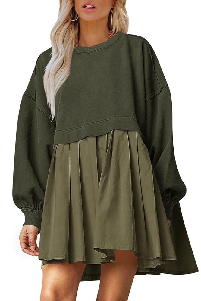 Dokuritu Sweatshirt Dress Women Crew Neck Long Sleeve Patchwork Pullover Tops Flowy Oversized Swe... | Amazon (US)