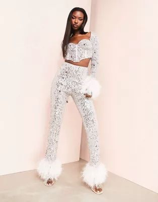 ASOS LUXE sweetheart neck faux feather trim sleeve sequin crop top and tr set | ASOS (Global)