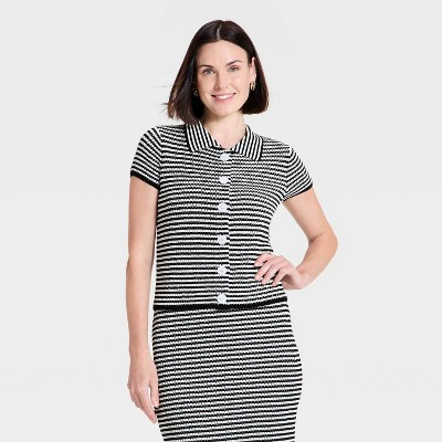 Women's Button-Up Collar Short Sleeve Sweater Top - A New Day™ Black/Cream Striped M | Target