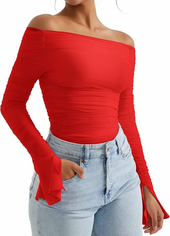 OMKAGI Women Long Sleeve Tops Boat Neck Off Shoulder Shirts Fitted Going Out Y2K Crop Top | Amazon (US)