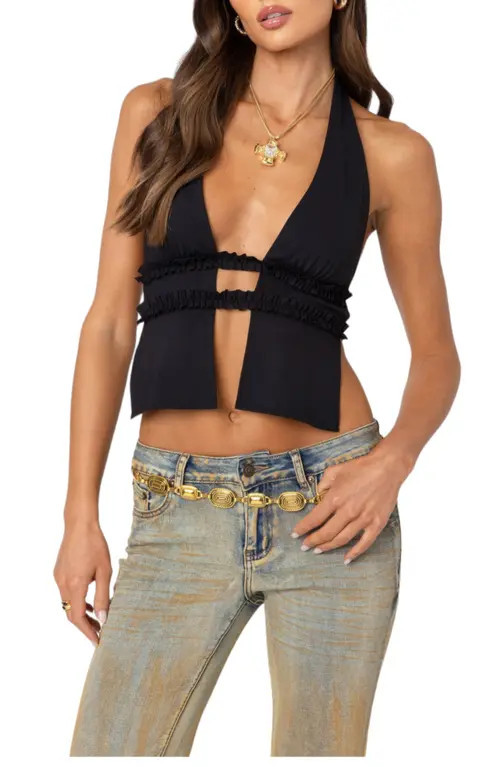 EDIKTED Luma Split Front Open Back Halter Top in Black at Nordstrom, Size Small | Nordstrom