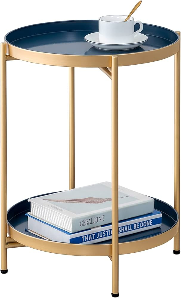 Folding End Table 2-Tier Metal Round Side Table with Removable Tray for Living Room (GoldBlue) | Amazon (US)