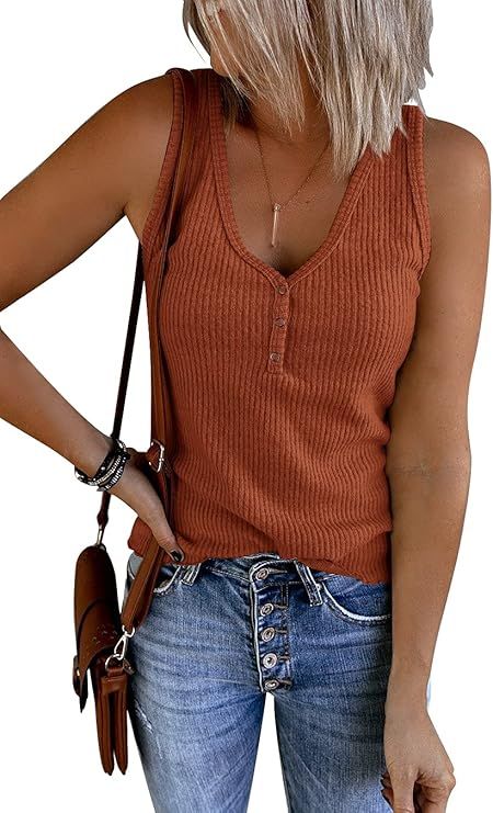 Saodimallsu Womens V Neck Tank Tops Summer Ribbed Sleeveless Henley Shirts Casual Loose Button Up... | Amazon (US)