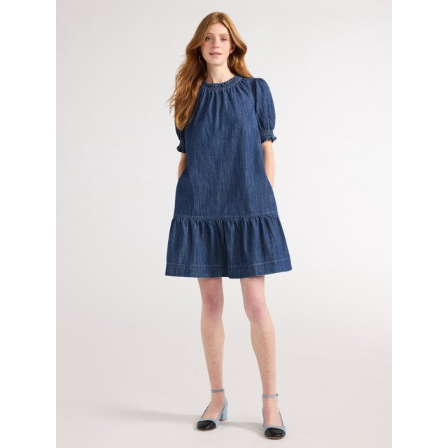 Free Assembly Women’s Denim Ruffle Mini Dress with Puff Sleeves, Sizes XS-XXL | Walmart (US)