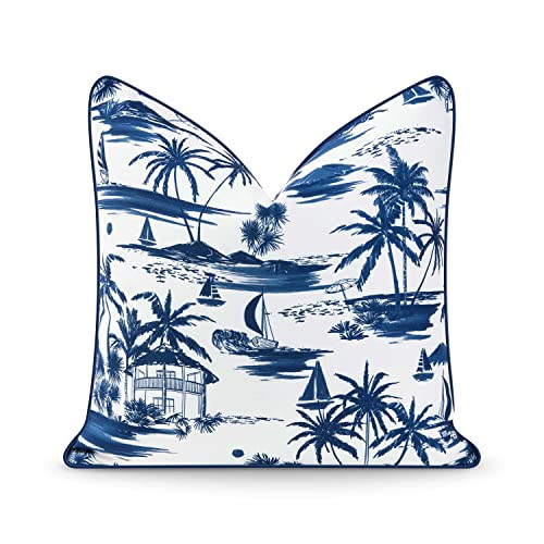 Hofdeco Premium Coastal Hampton Style Patio Indoor Outdoor Pillow Cover Only, 20"x20" Water Resistant for Backyard, Couch, Navy Blue Beach Scene | Amazon (US)