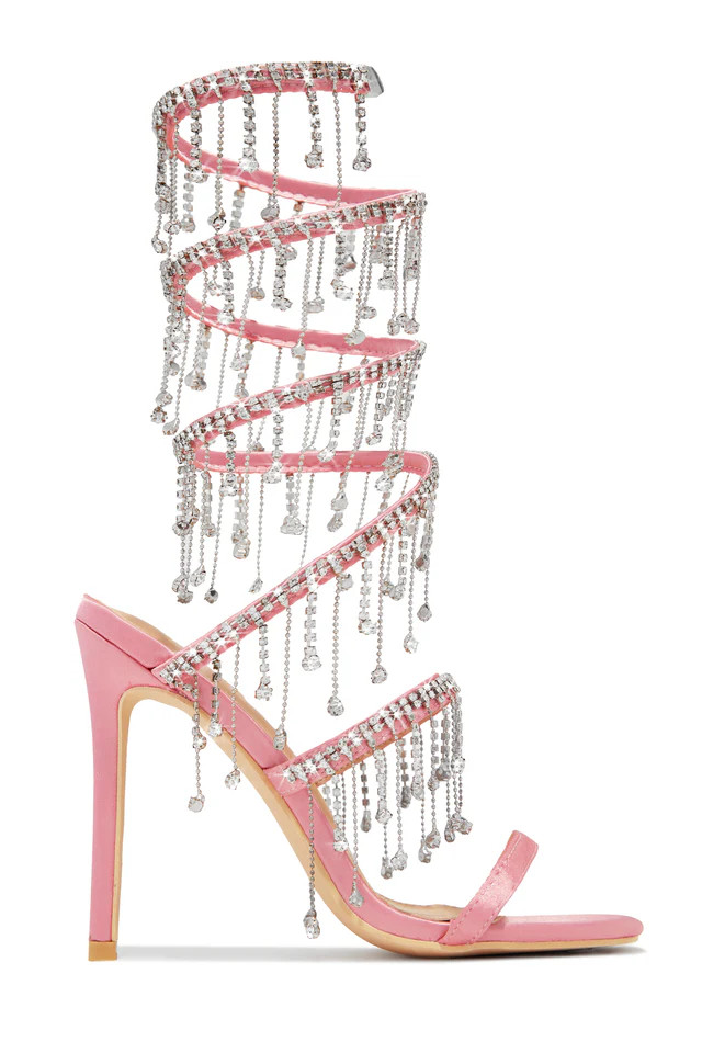 Miss Lola | Mariah Silver Embellished Around The Ankle Coil Heels | MISS LOLA