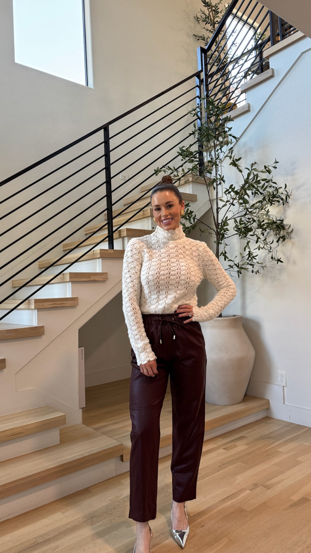 These maroon faux leather pants from Zara are a must! Also comes in black. They’re also on sale right now for 30% off!

These fit so well, have pockets, and an elastic waistband. Very comfortable. A little bit of a cropped look on me — I’m 5’6. The details on this ivory top are also stunning!

#LTKSaleAlert #LTKgrwm #LTKootd