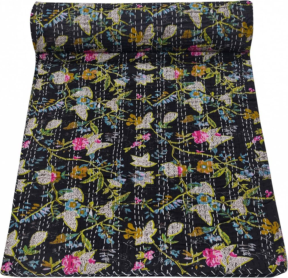 Marubhumi Indian Handmade Vintage Kantha Paradise Quilt, Reversible Kantha Quilt (Black, Queen (9... | Amazon (US)