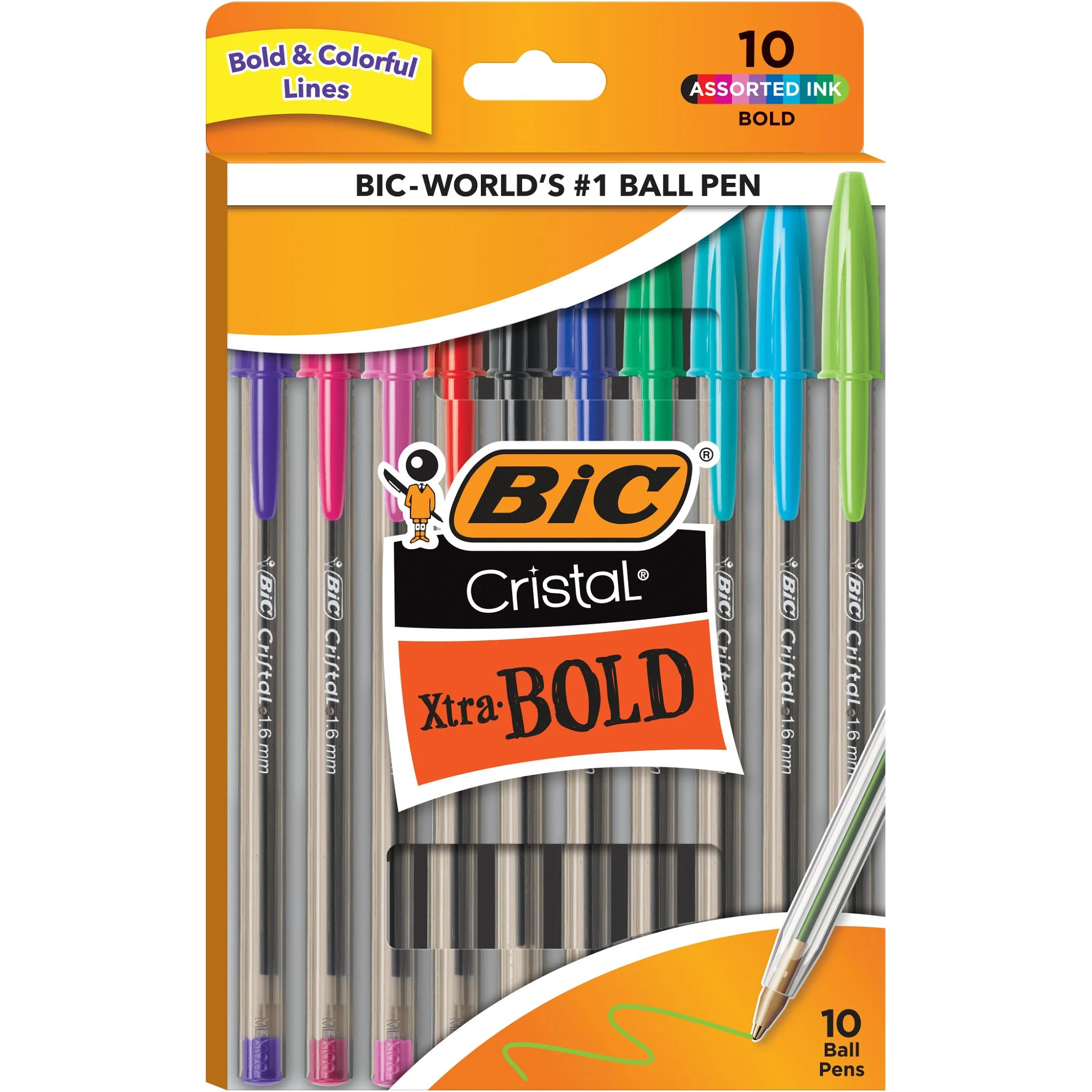 BIC Cristal Xtra Bold Ballpoint Stick Pens, Bold Point, 1.6 mm, Assorted Ink Colors, Pack of 10 | Walmart (US)