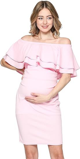 LaClef Women's Off Shoulder Maternity Dress with Double Ruffle | Amazon (US)