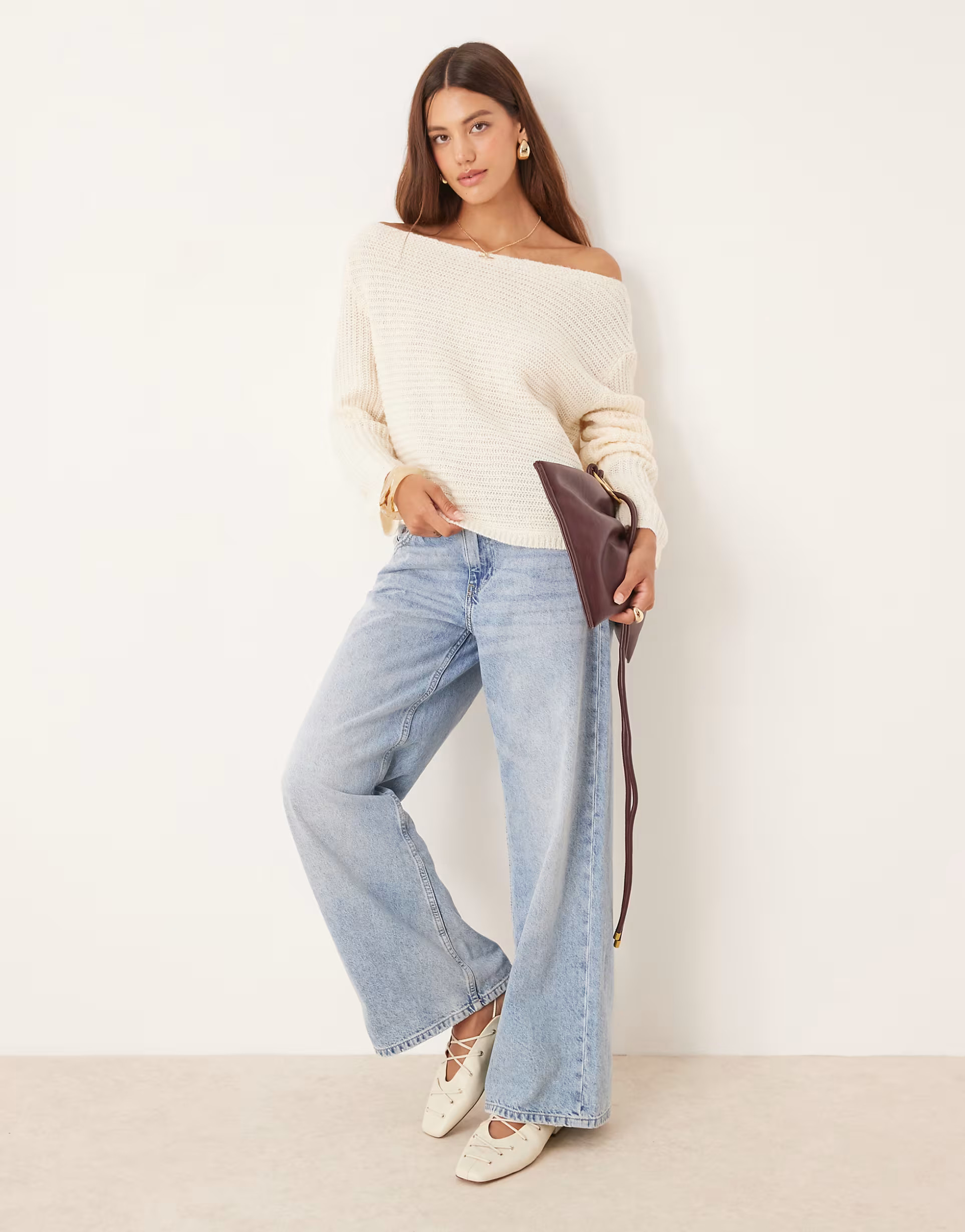 ASOS DESIGN knitted off the shoulder slouchy jumper in cream | ASOS | ASOS (Global)