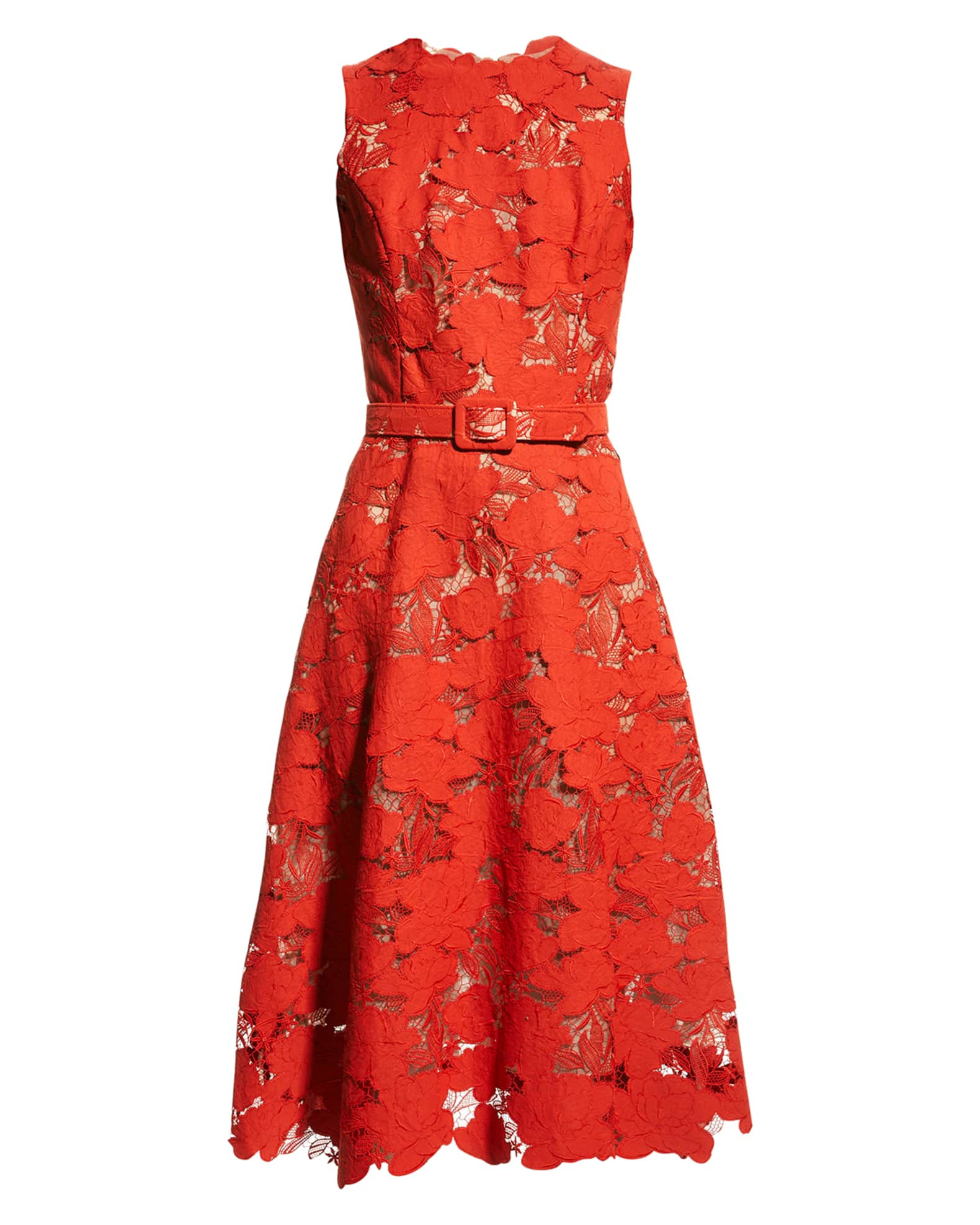 Oscar de la Renta Magnolia Guipure Lace Sleeveless Belted Midi Dress | Neiman Marcus