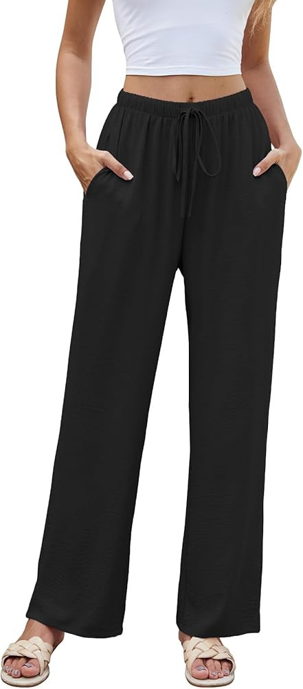 Women High Waist Casual Pants Elastic Wide Leg Summer Beach Palazzo Trousers with Pockets Lightwe... | Amazon (US)